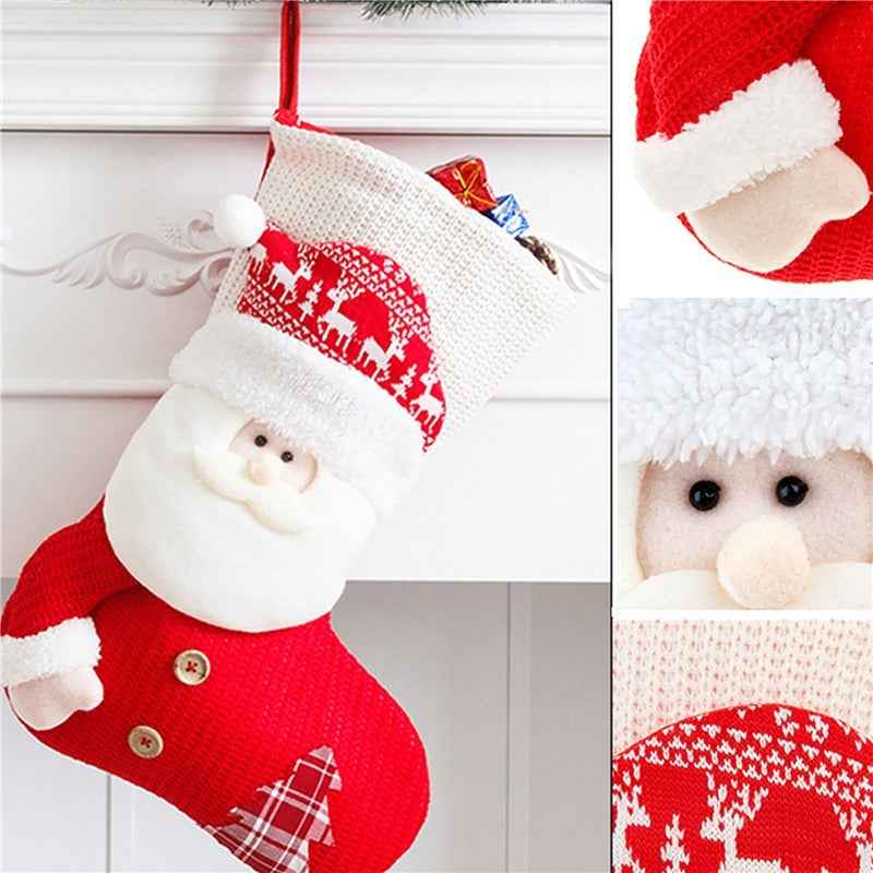 Large Knitted Christmas Stocking - Red White Santa Snowman Fireplace Decor Socks (46x32cm) - DropOnline.co