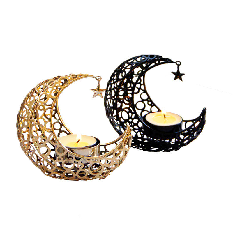 Light Luxury Crescent Moon Star Moon Black Gold Metal Candle Holder Modern Romantic Wedding Christmas Candle Cup Home Decor - DropOnline.co
