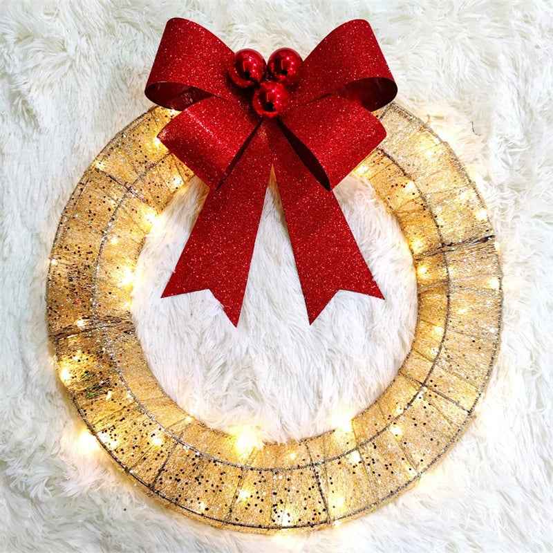 Christmas LED Wreath 50cm - Luminous Metal Garland with Bow & Warm Lights for Front Door - DropOnline.co