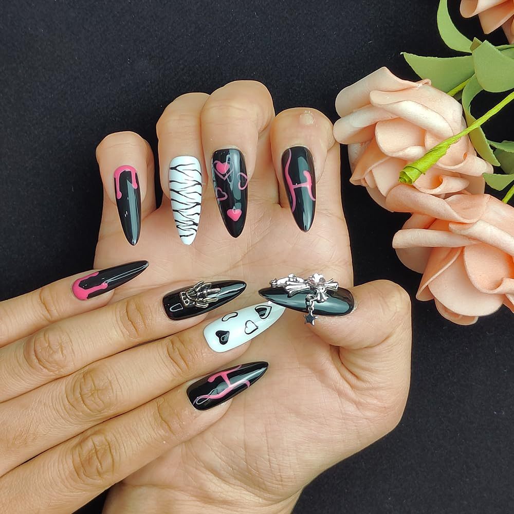 GGddsha Dark Series Pure Handmade Pressed Full StickMedium Almond Nails Hand Painted Designs ReusablePMMA Acrylic Press On Nails With Rhinestones Fake Nailsw Box Ladies Gifts,Eclipse Sketch - DropOnline.co