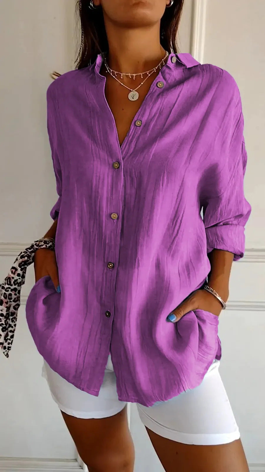 Women's Lapel Long Sleeve Shirt - Single-Breasted Pleated Button-Up - DropOnline.co