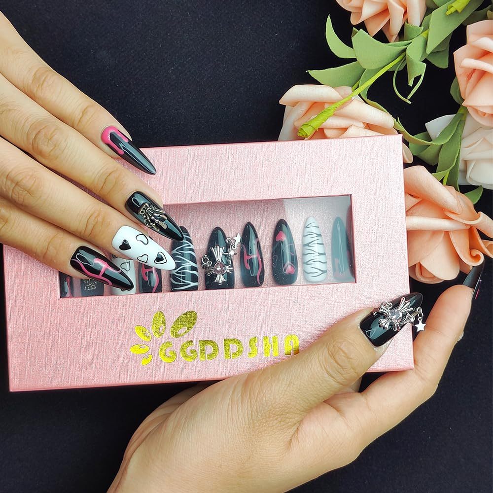 GGddsha Dark Series Pure Handmade Pressed Full StickMedium Almond Nails Hand Painted Designs ReusablePMMA Acrylic Press On Nails With Rhinestones Fake Nailsw Box Ladies Gifts,Eclipse Sketch - DropOnline.co