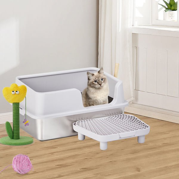 61x40x33CM, Litter Box, Stainless Steel And Plastic, Upper And Lower Snap Type, With Litter Spatula, Foot Pad - Grey - DropOnline.co