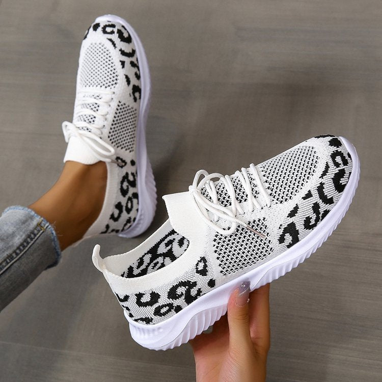 White Shoes Women Leopard Print Lace-up Sneakers Sports - DropOnline.co