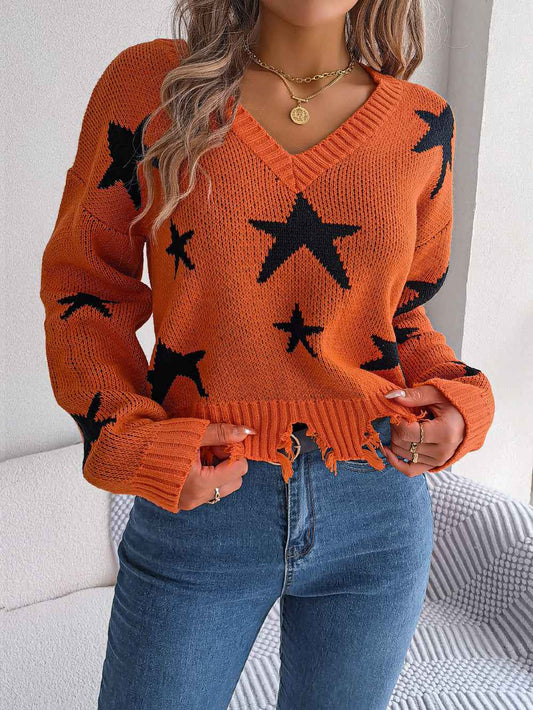 Women Casual V-Neck Star Distressed Long Sleeve Knit Sweater