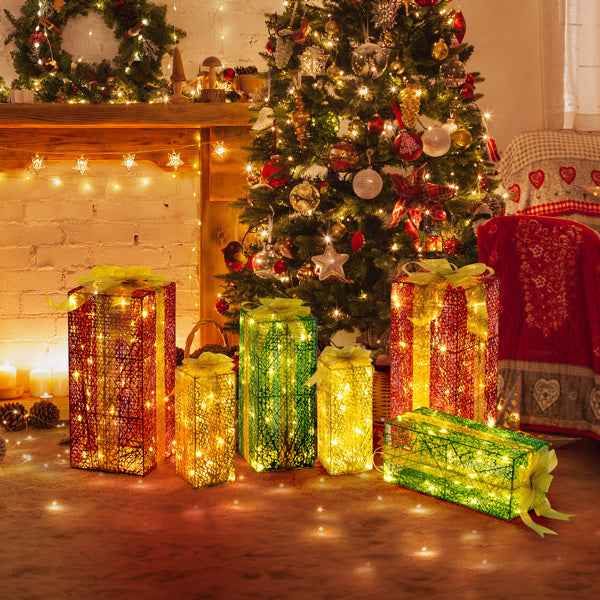 3pcs Green Gold Christmas Lighting Gift Box - 18in-15in-11in Stacking Set - DropOnline.co