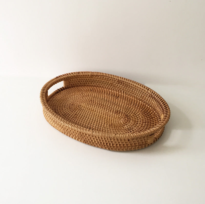 Rattan Snack Storage Tray Round Basket Hand Woven Decor Bread Fruit Food Display R9JC - DropOnline.co