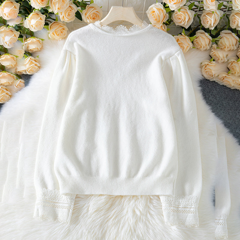 Women's Sweaters V Neck Lace Trim Long Sleeve Fall Pullover Tops Trendy Outfits For Women - DropOnline.co