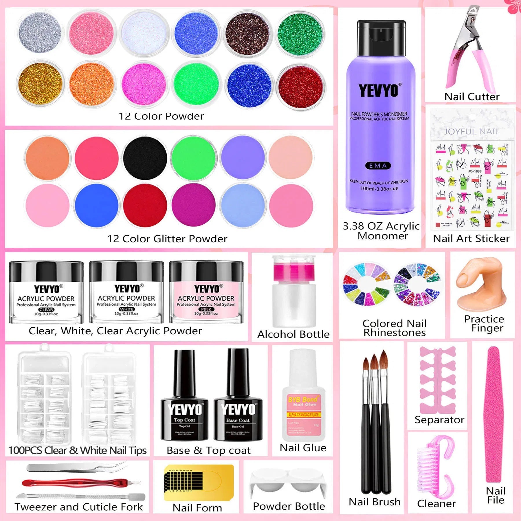 Acrylic Nail Kit, Nail Kit For Beginners With Everything, 24 Colors Glitter Acrylic Powder And Liquid Monomer Set, 200 Pcs Nail Tips, 3 Pcs Acrylic Nail Brush For Home DIY Extension Nail Salon - DropOnline.co