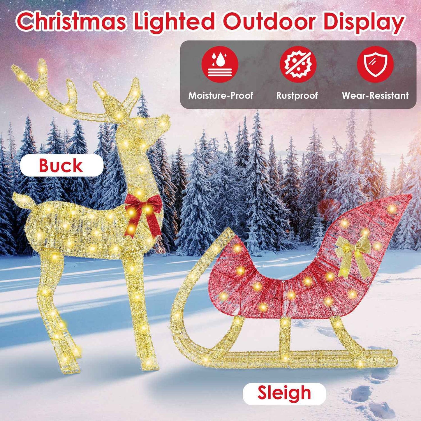Lighted Christmas Reindeer & Sleigh - Indoor Outdoor Decoration with 8 Lighting Modes