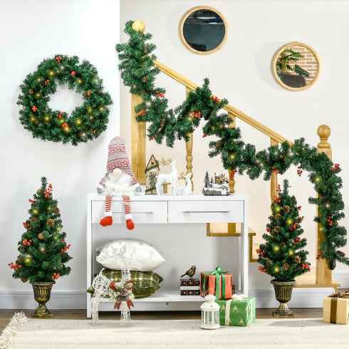 HOMCOM Prelit Holiday Christmas 4-Piece Set - Garland Wreath & 2 Entrance Trees - DropOnline.co