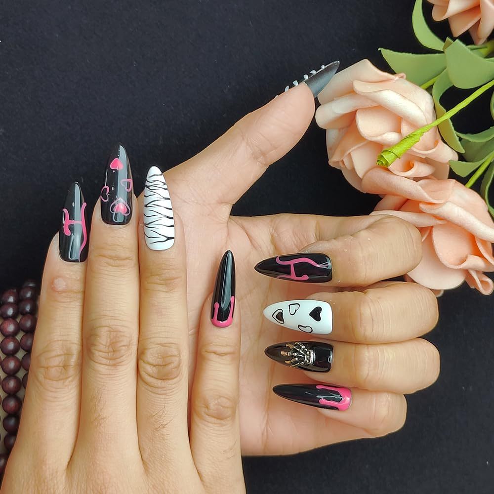 GGddsha Dark Series Pure Handmade Pressed Full StickMedium Almond Nails Hand Painted Designs ReusablePMMA Acrylic Press On Nails With Rhinestones Fake Nailsw Box Ladies Gifts,Eclipse Sketch - DropOnline.co