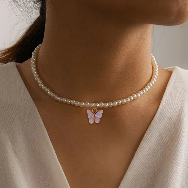 Elegant White Pearl Choker Necklace - Small Round Pearl Wedding Butterfly Necklace - DropOnline.co