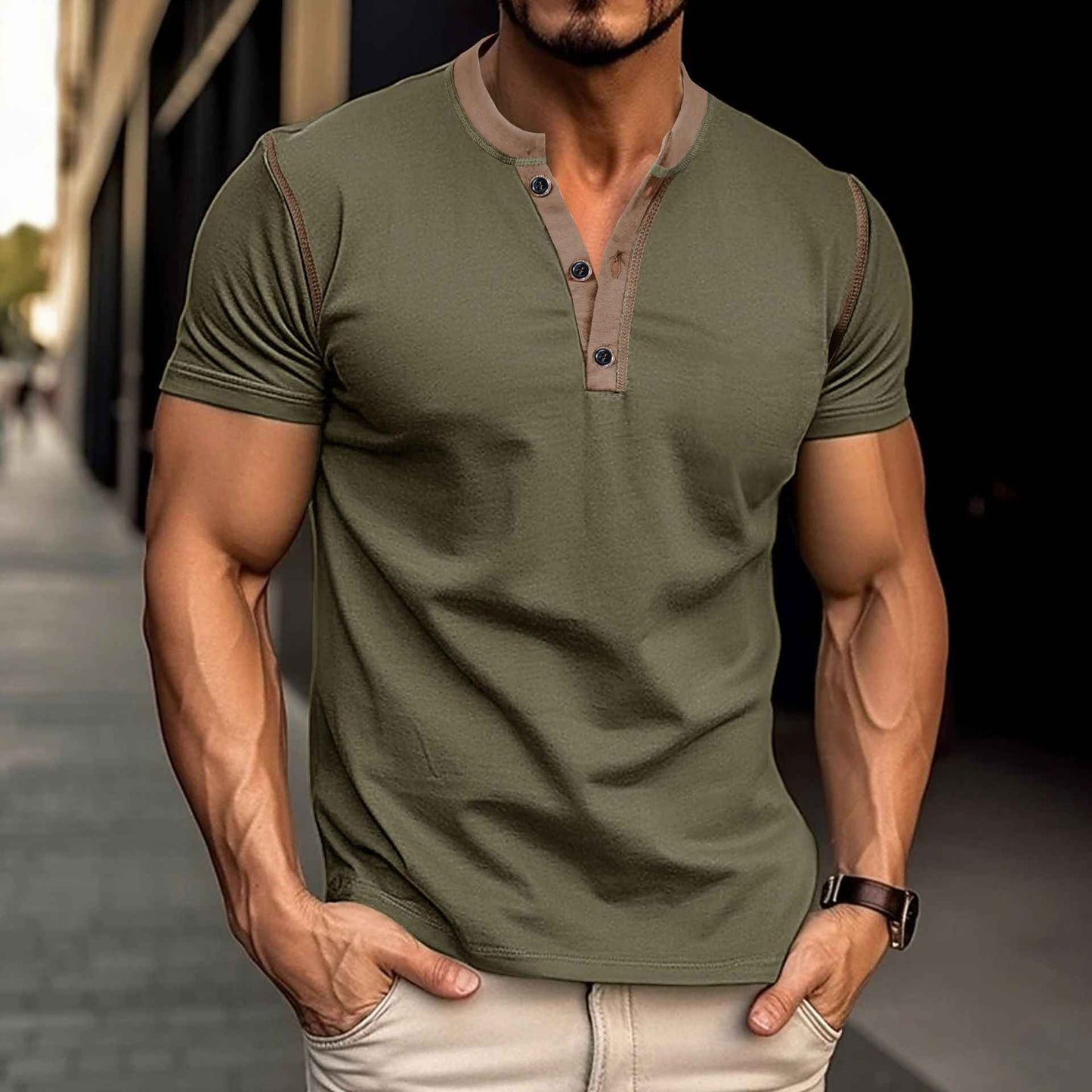 Men's Fashion Short Sleeve Polo Shirt - Summer Button V-Neck Top