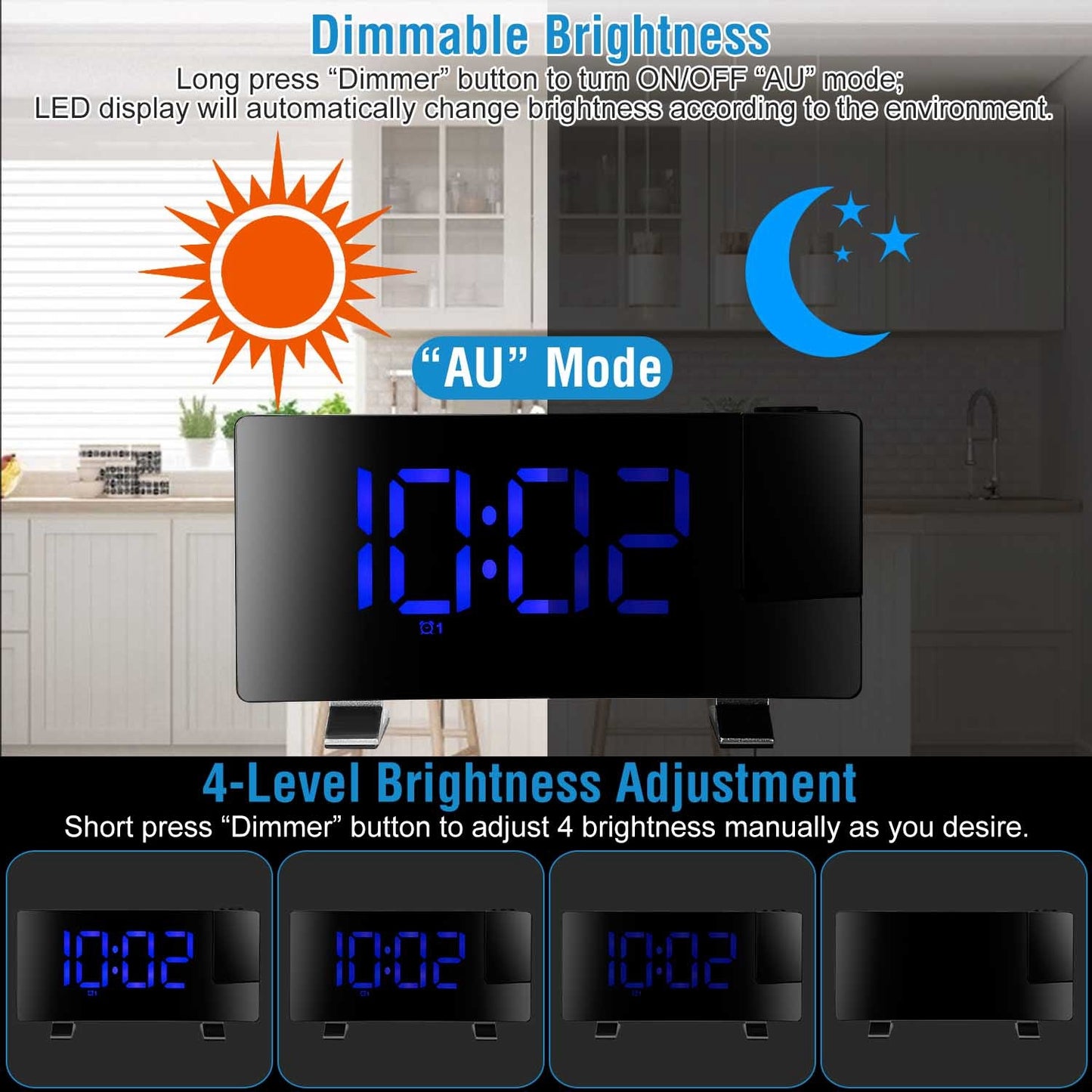 1Pc Projection Alarm Clock With Radio Function Curved Screen LED Digital Alarm Clock With Dual Alarms 4 Dimmer 12-24 Hour USB Charging Port 180Degree Rotatable Projection - DropOnline.co