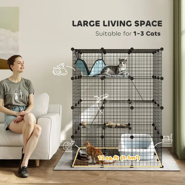 DIY 4 Tier Cat Cage Indoor With Hammock, Ramps, Jumping Platforms, Doors, Cat Enclosure For 1-3 Cats, 3 X 3 X 4, Black - DropOnline.co