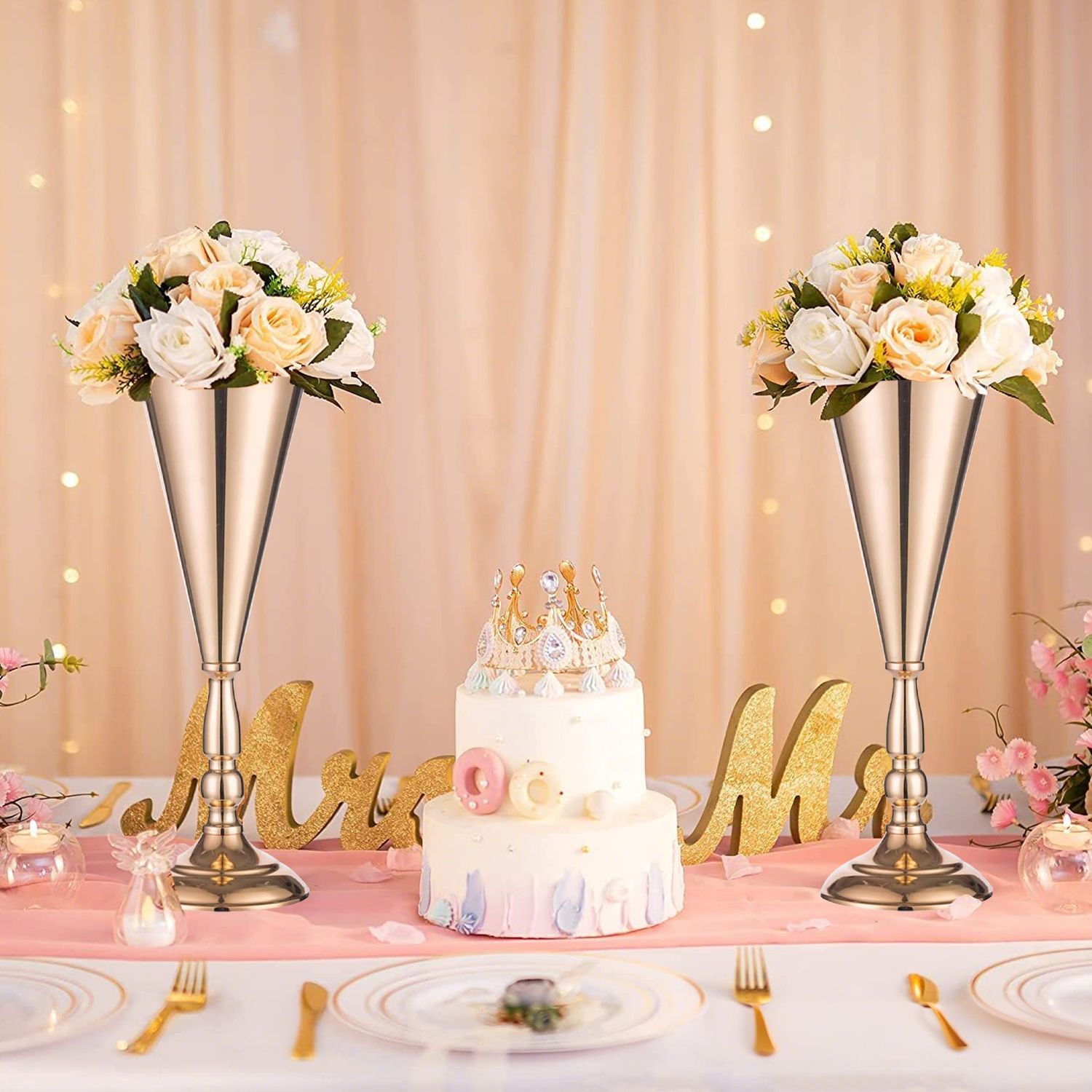 Golden Vase Flower Wedding Centerpieces For Tables 14 In Tall Flower Display Stand Wedding Metal Flower Arrangement Stand Trumpet Vase Tabletop Stand For Home Anniversary Ceremony Party - DropOnline.co