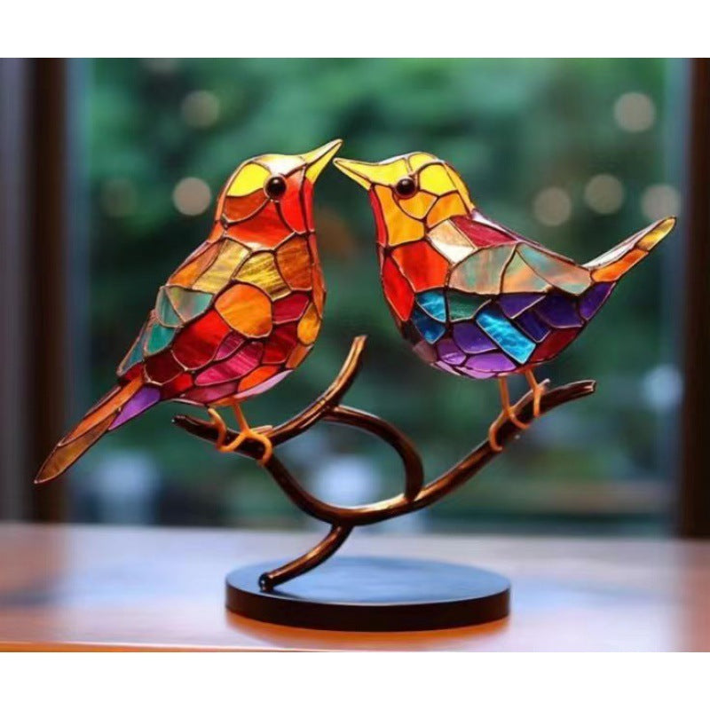 Stained Birds On Branch Desktop Ornaments For Bird Lover Home Decor Desk Decor For Bedroom Living Room And Office - DropOnline.co