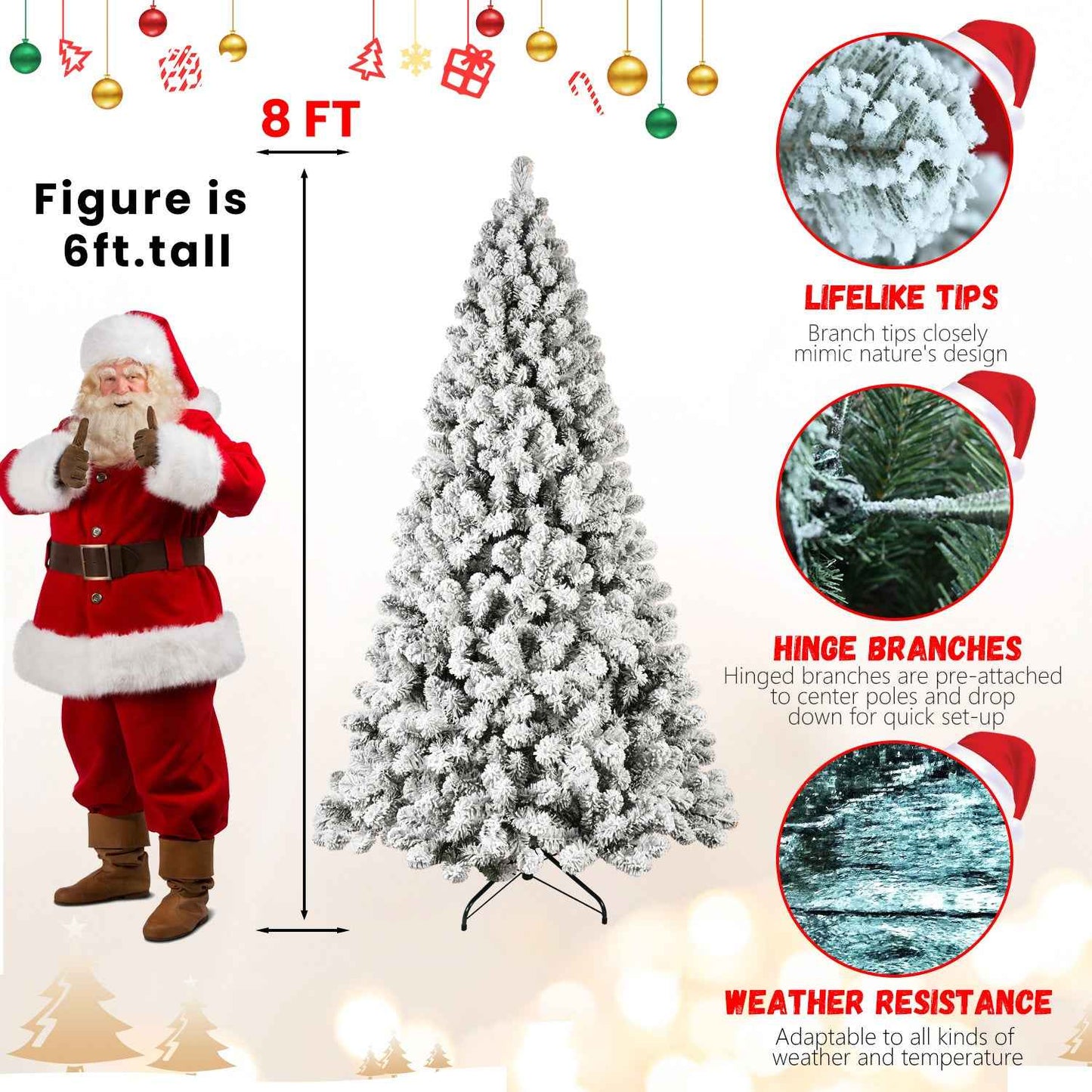 Pre-Lit Flocked Christmas Tree - 5ft-9ft Hinged Artificial Xmas Trees with Lights - DropOnline.co