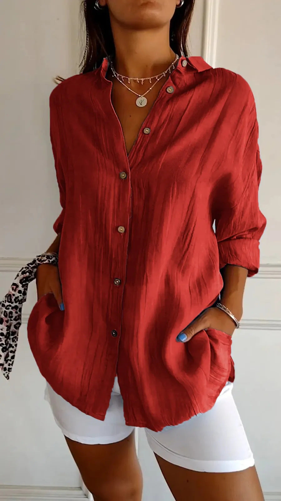 Women's Lapel Long Sleeve Shirt - Single-Breasted Pleated Button-Up - DropOnline.co