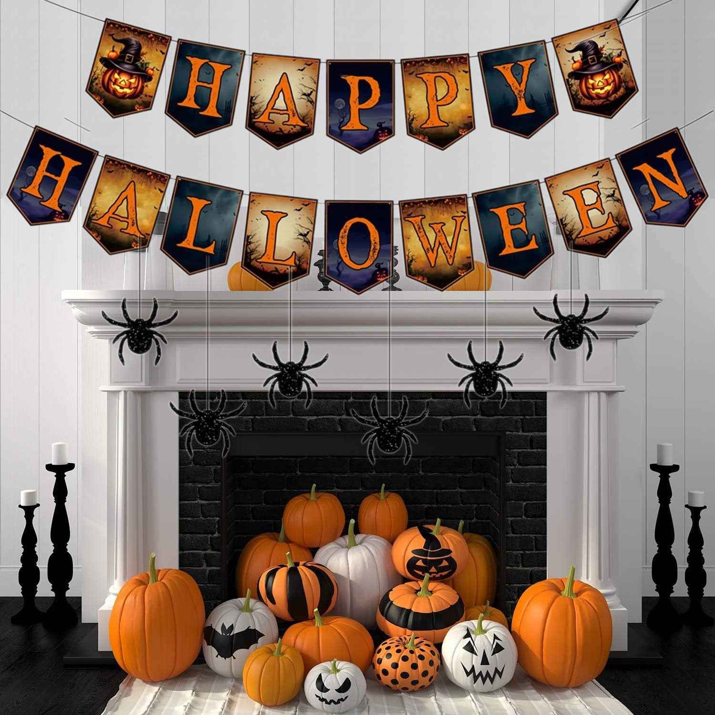 2 Packs Happy Halloween Banner Spider Ornament - Trick Or Treat Bunting Flag - DropOnline.co