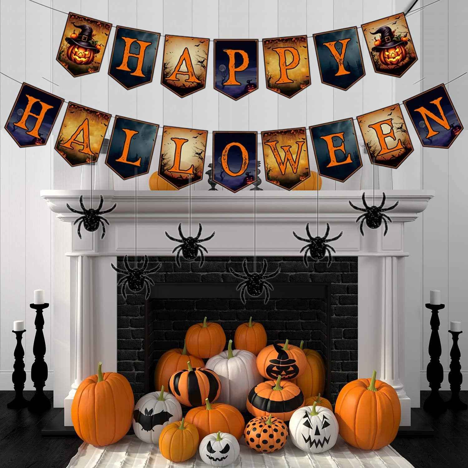 2 Packs Happy Halloween Banner Spider Ornament - Trick Or Treat Bunting Flag - DropOnline.co