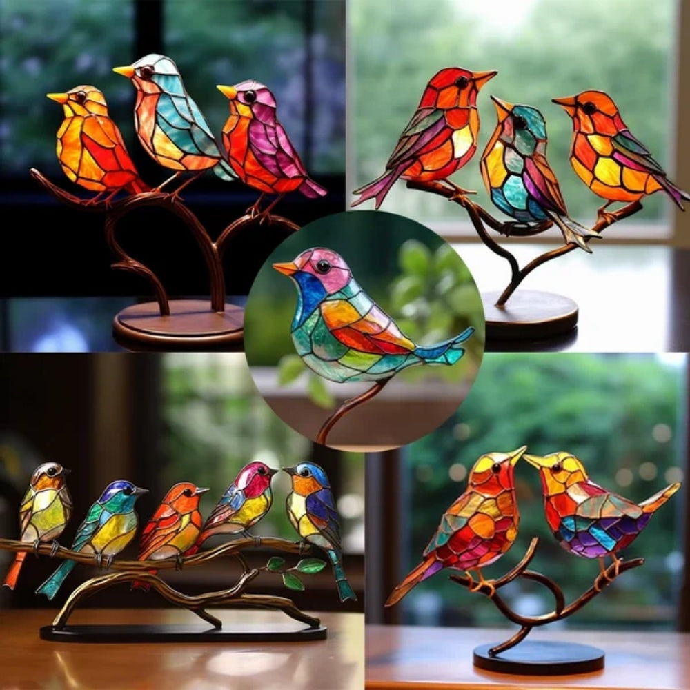 Stained Birds On Branch Desktop Ornaments For Bird Lover Home Decor Desk Decor For Bedroom Living Room And Office - DropOnline.co
