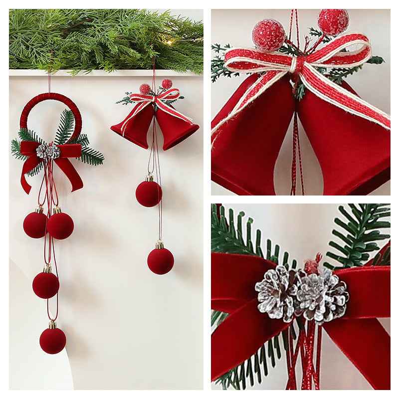 Christmas Flocked Bell Pendant - Wine Red Jingling Ornament Window Door Decoration - DropOnline.co
