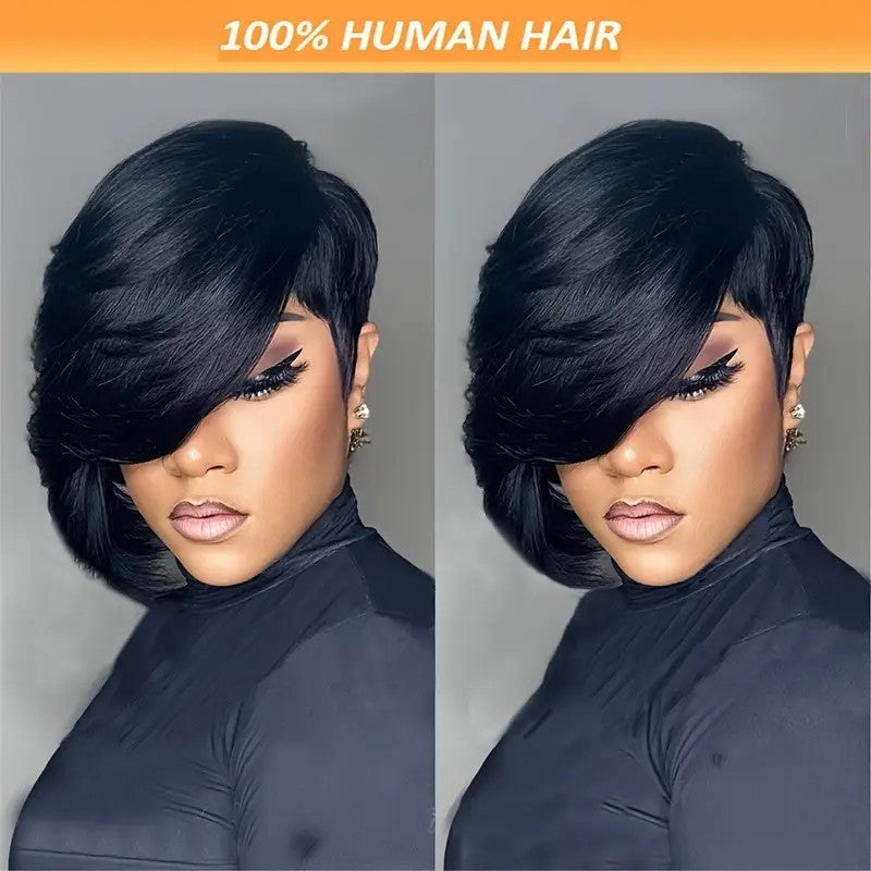 Straight Black Elegant 8 PixieCut Wig For Women -Glueless Human Hairwith Long Bangs, Everyday Style Wig L SleekShort Wig   Wig Accessories - DropOnline.co