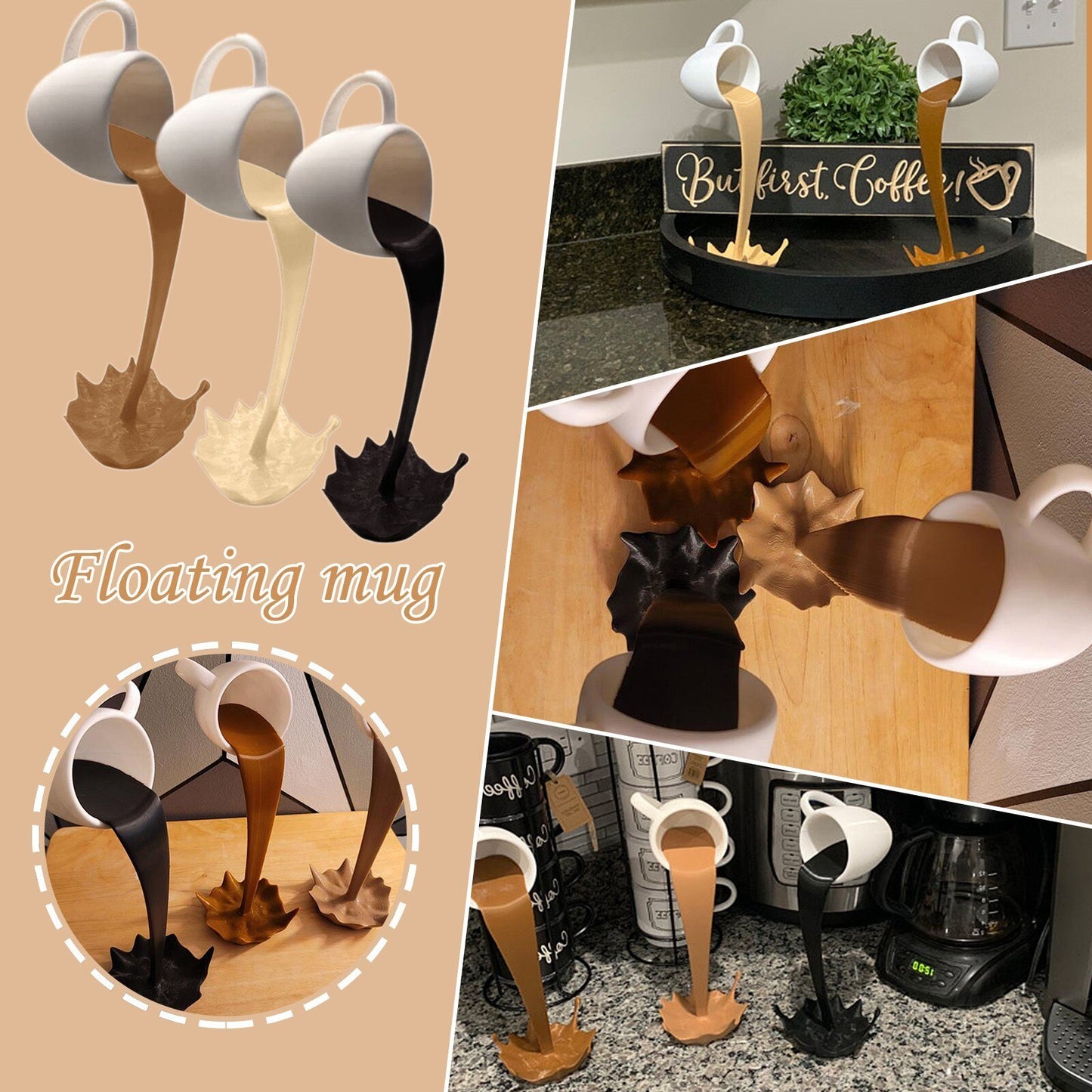 Floating Coffee Cup Mug Sculpture Kitchen Decor Pouring Spilling Decoration - DropOnline.co