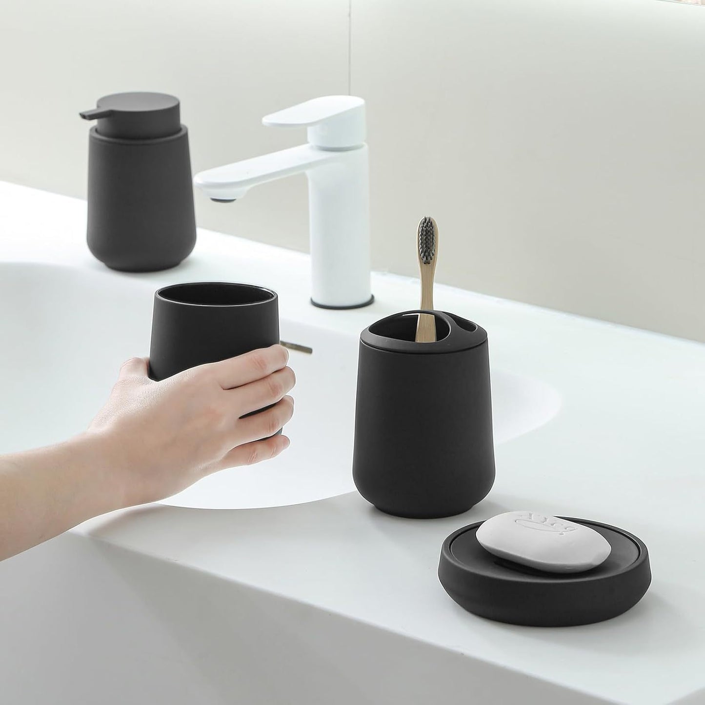 Matte Black Bathroom Accessories Set Plastic Soap Dispenser Toothbrush Holder Cup Soap Dish For Modern Bathroom Decor - DropOnline.co