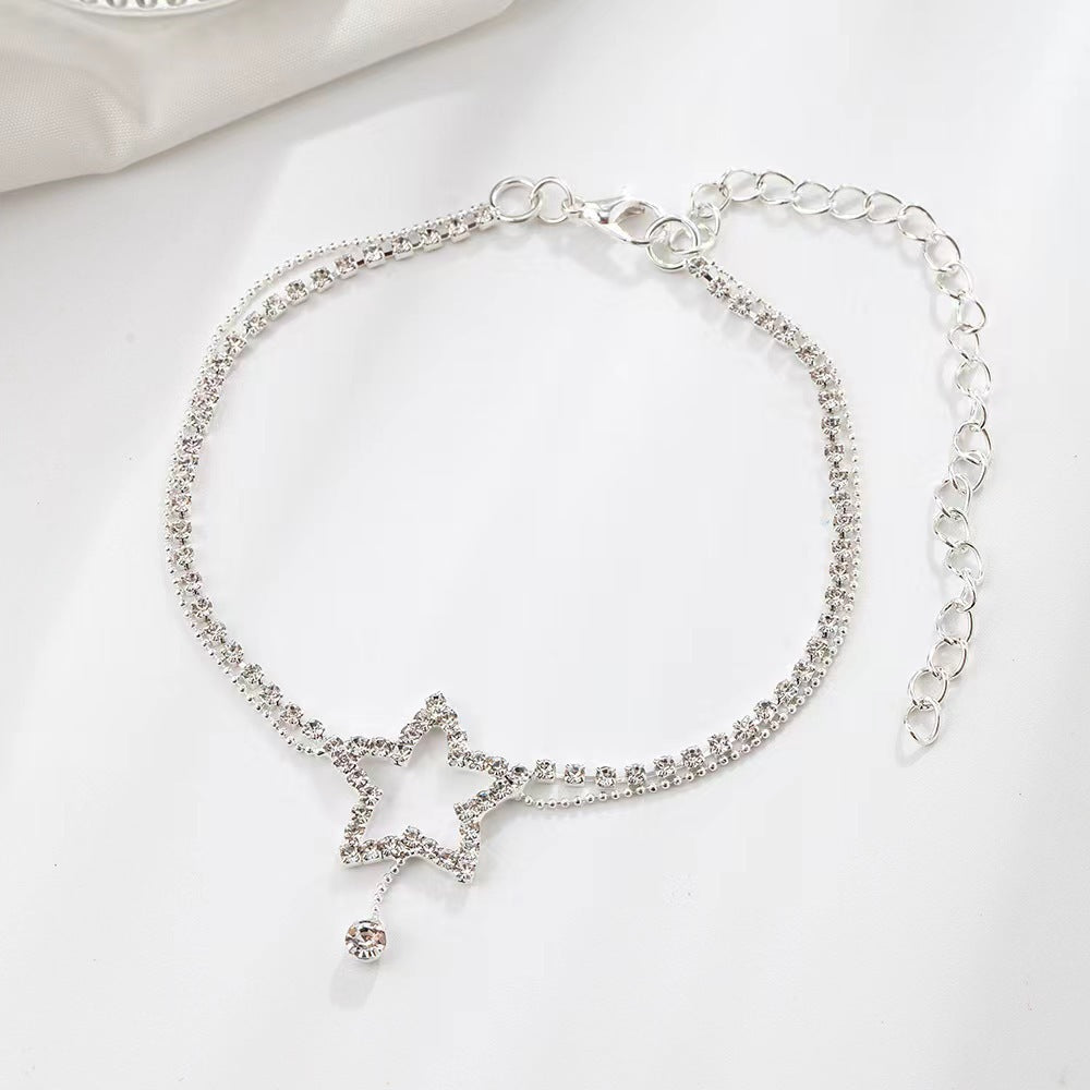 Women's Fashion Personality Five-pointed Star Heart Shape Rhinestone Bead Necklace Anklet - DropOnline.co