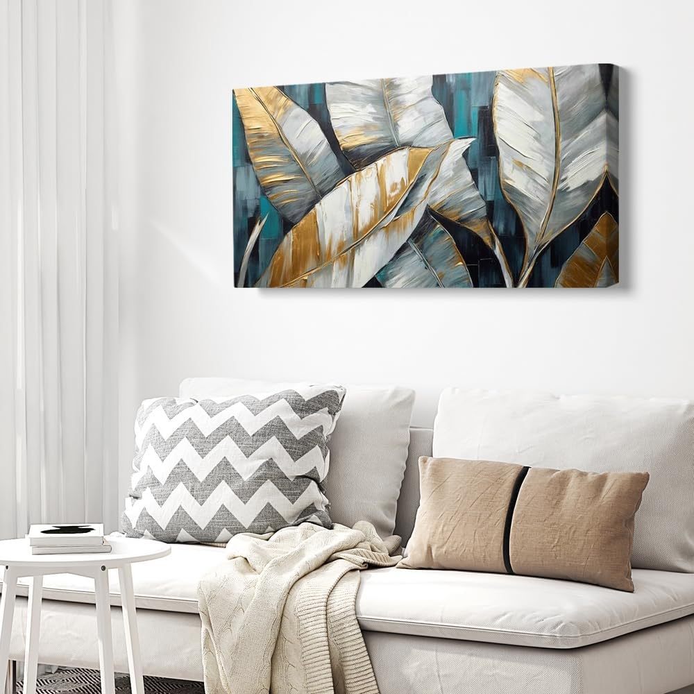 Handmade Oil Painting Canvas Wall Art Decoration Abstract Large Golden Green Banana Leaves Pictures Modern Family Bedroom Decor Rolled Frameless Unstretched Painting - DropOnline.co