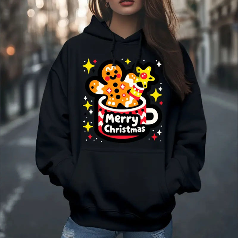 Women's Fashion Christmas Cute Cartoon Gingerbread Man Stars Coffee Mug Print Hoodies Long Sleeve Hood Sweatshirt Loose Fit Tops Fall Streetwear - DropOnline.co