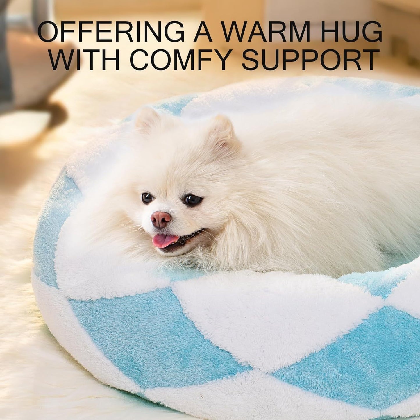 MEWOOFUN Donut Cat Bed For Indoor Cats - Round Washable Plush Pet Bed With Jacquard Shaggy Fabric & Non-Slip Bottom, Calming Small Dog Bed For Puppy & Kitten, 23 Inch Blue Check - DropOnline.co