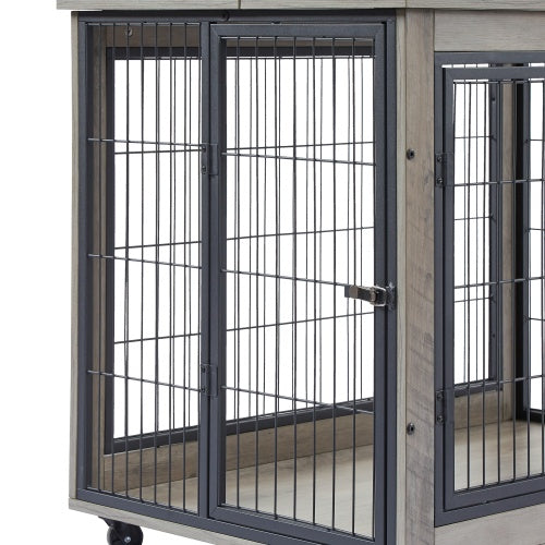 Furniture Style Dog Cage Side Table With Wheels With Double Doors And A Raised Top. Grey - DropOnline.co
