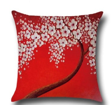 Three-dimensional Oil Painting Trees Flowers Cotton Cushion Cushion Pillowcase Car Waist Cushion Cover - DropOnline.co