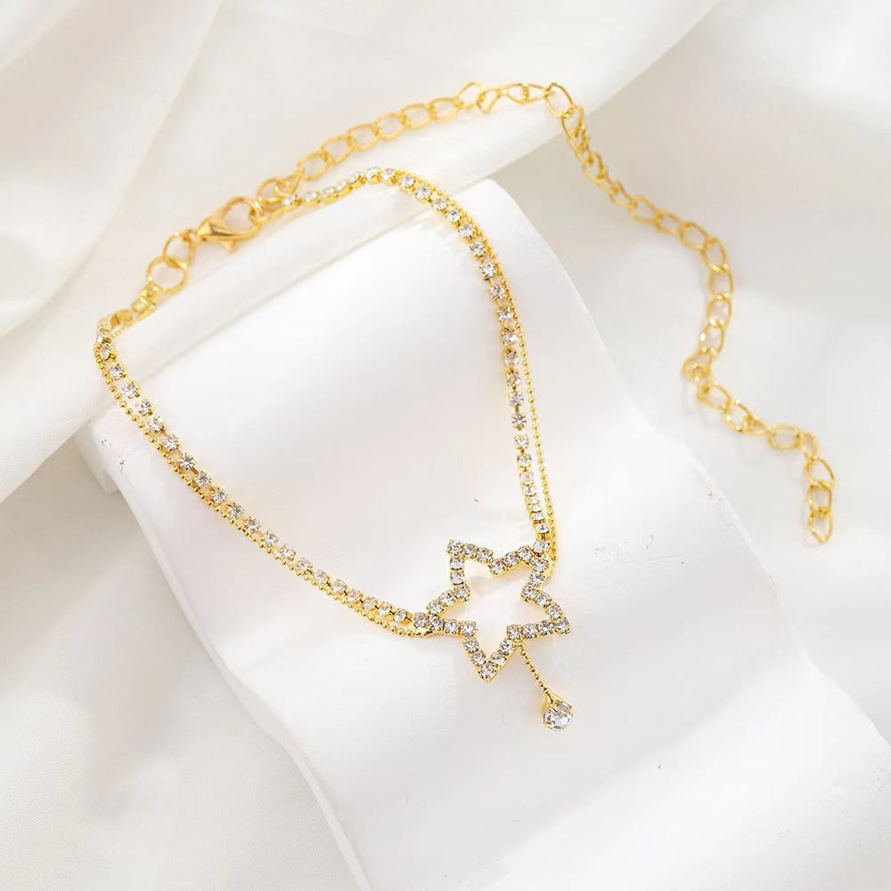 Women's Fashion Personality Five-pointed Star Heart Shape Rhinestone Bead Necklace Anklet - DropOnline.co