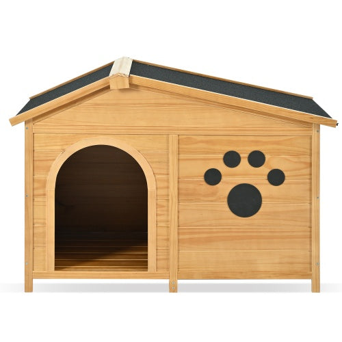 48 Wooden Dog House Outdoor With Porch, Dog Kennel With Water-Resistant Asphalt Roof And Fencing,Indoor & Outdoor Dog Crate With Paw Print, Medium, Nature - DropOnline.co