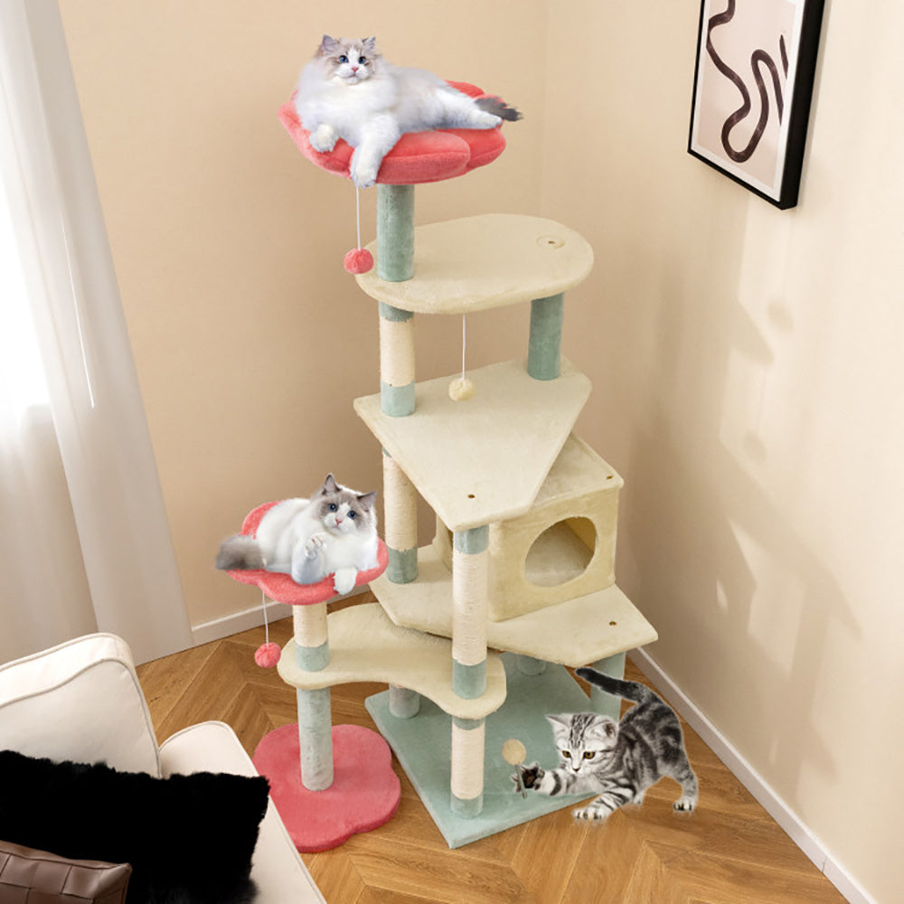 61 Inch Multi-Level Aesthetic Floral Kitten Tower With Flower-Shaped Padded Perch - DropOnline.co