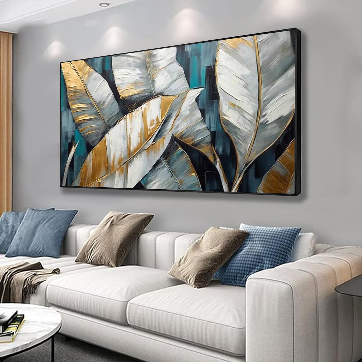 Handmade Oil Painting Canvas Wall Art Decoration Abstract Large Golden Green Banana Leaves Pictures Modern Family Bedroom Decor Rolled Frameless Unstretched Painting - DropOnline.co