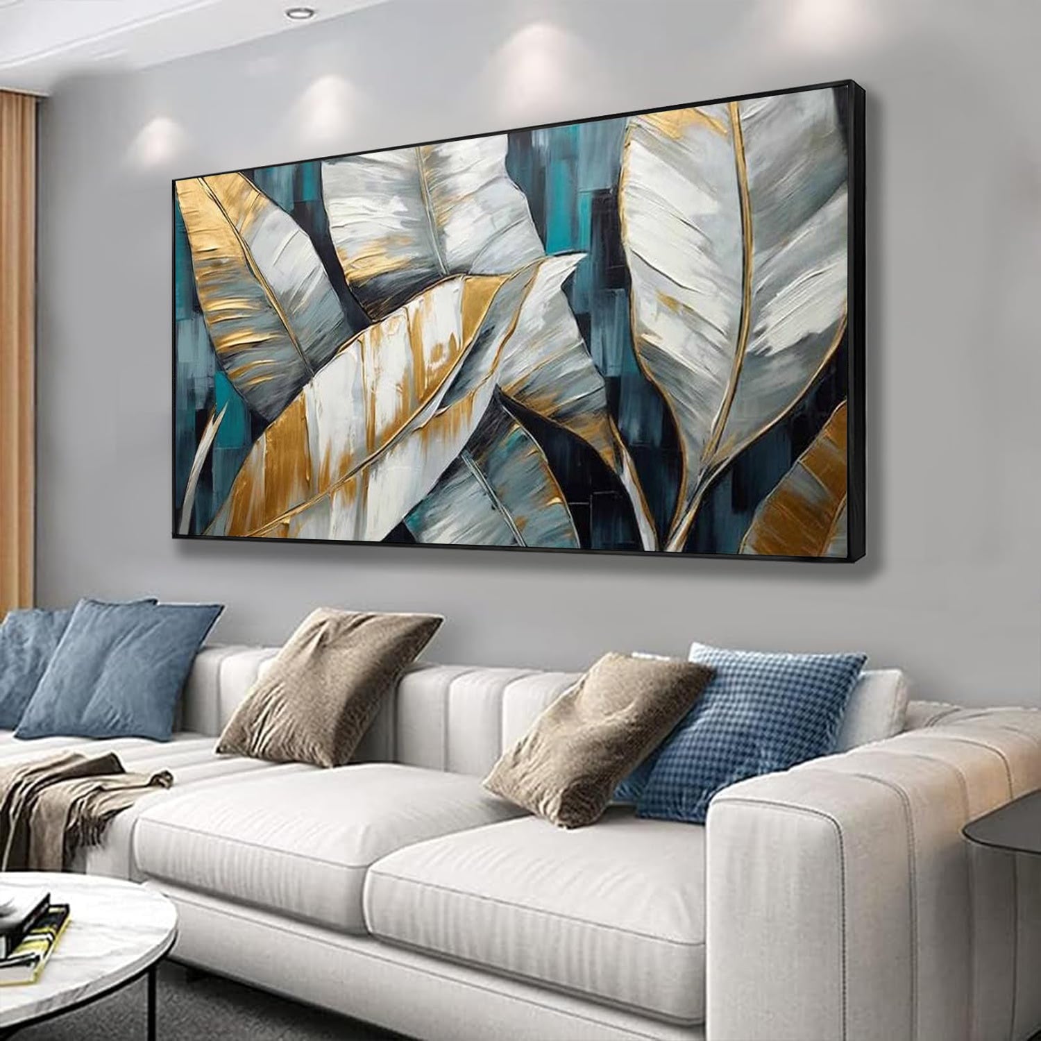 Handmade Oil Painting Canvas Wall Art Decoration Abstract Large Golden Green Banana Leaves Pictures Modern Family Bedroom Decor Rolled Frameless Unstretched Painting - DropOnline.co