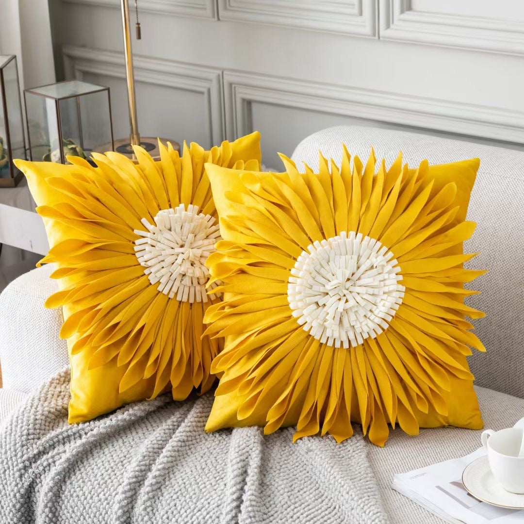 Fashion Modern Style White Throw Pillows Velvet Stitching 3D Chrysanthemum Cushion Waist Pillow Blue Cushion Case - DropOnline.co
