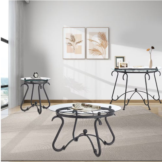 2 Piece Tempered Glass Finished Coffee Table Set With Decorative Coffee Table Round End Side Table - DropOnline.co