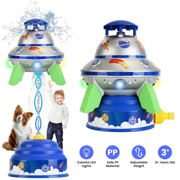 UFO Water Sprinkler Outdoor Summer Rocket Toy With Colorful LED Lights 360° Spinning 1.64FT To 6.56FT Adjustable Height Birthday Summer Gift For Girls Boys Aged 3+ Years Old GPCT5465
