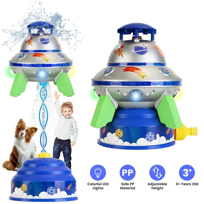 UFO Water Sprinkler Outdoor Summer Rocket Toy With Colorful LED Lights 360° Spinning 1.64FT To 6.56FT Adjustable Height Birthday Summer Gift For Girls Boys Aged 3+ Years Old GPCT5465