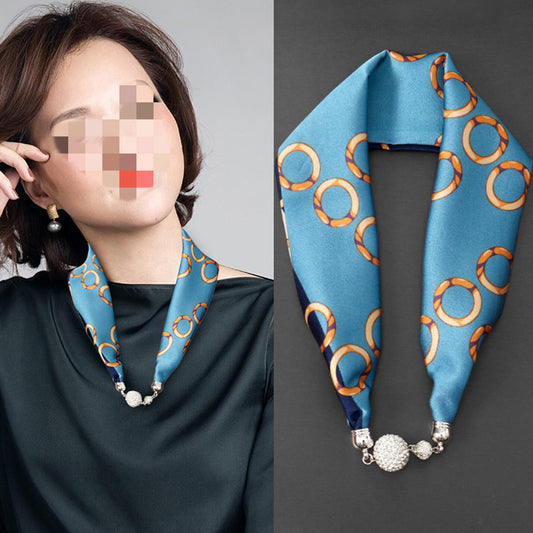 Magnetic Buckle Silk Scarf with Pearl Necklace - Women's Fashion Accessory - DropOnline.co