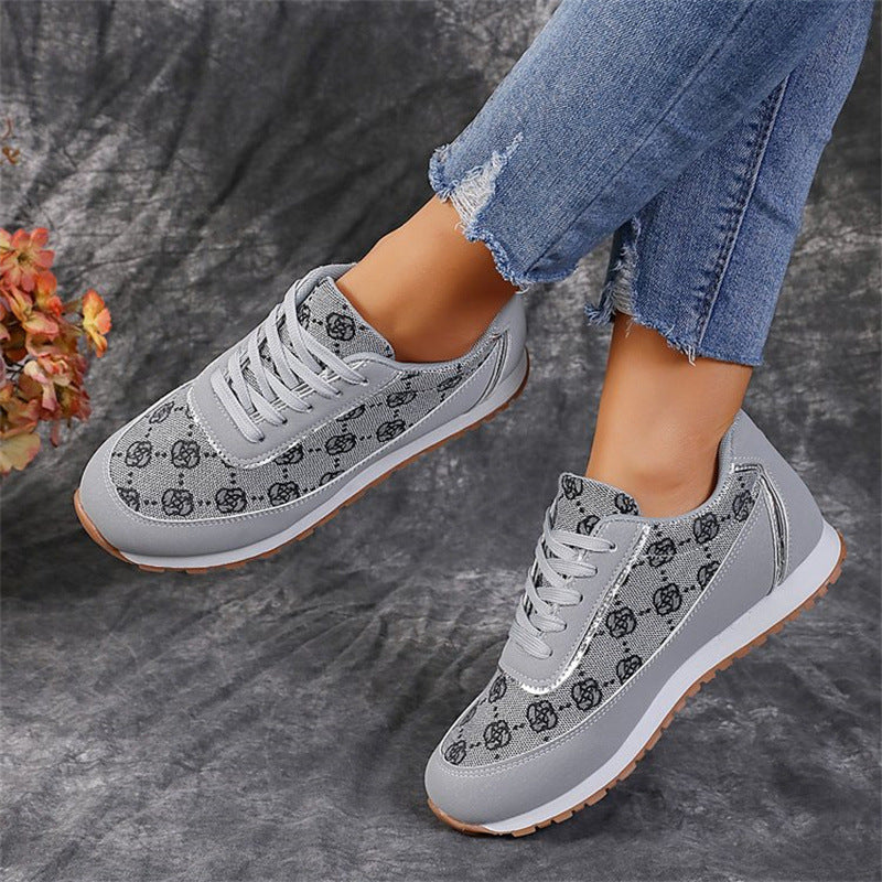 Flower Print Lace-up Sneakers Casual Fashion Lightweight Breathable Walking Running Sports Shoes Women Flats - DropOnline.co