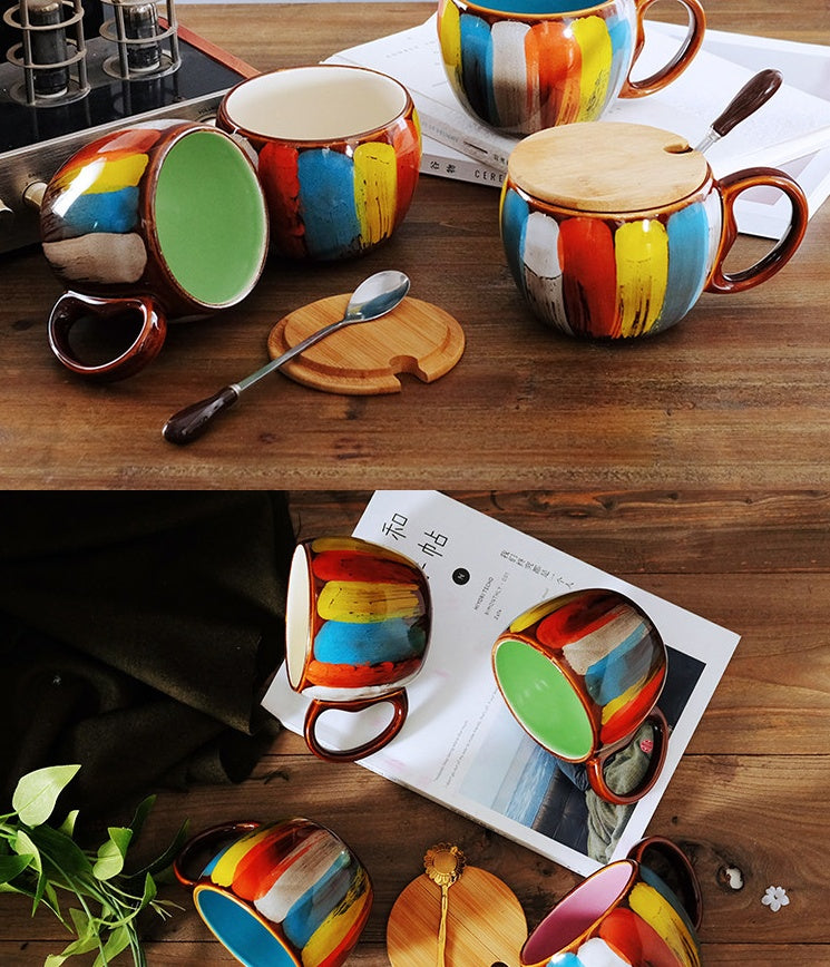 Creative ceramic cup milk cup water cup coffee cup breakfast cup couple cup to cup mug with lid spoon - DropOnline.co