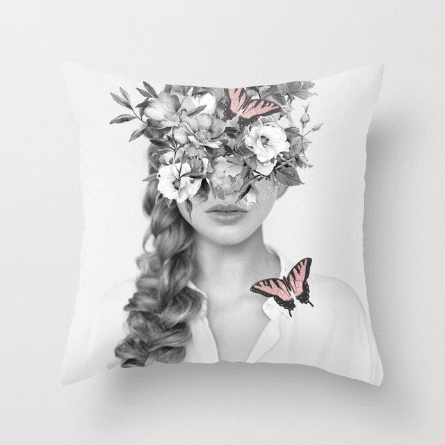 Abstract Print Flower Lady Cushion Cover - Artistic Pillow Cases for Modern Home Decor - DropOnline.co